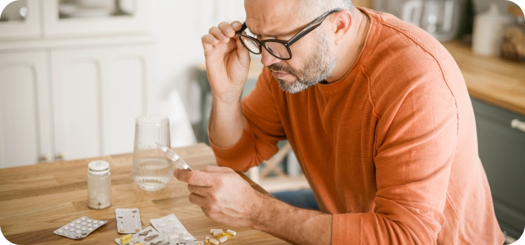 Homme à lunette se posant des questions devant une notice